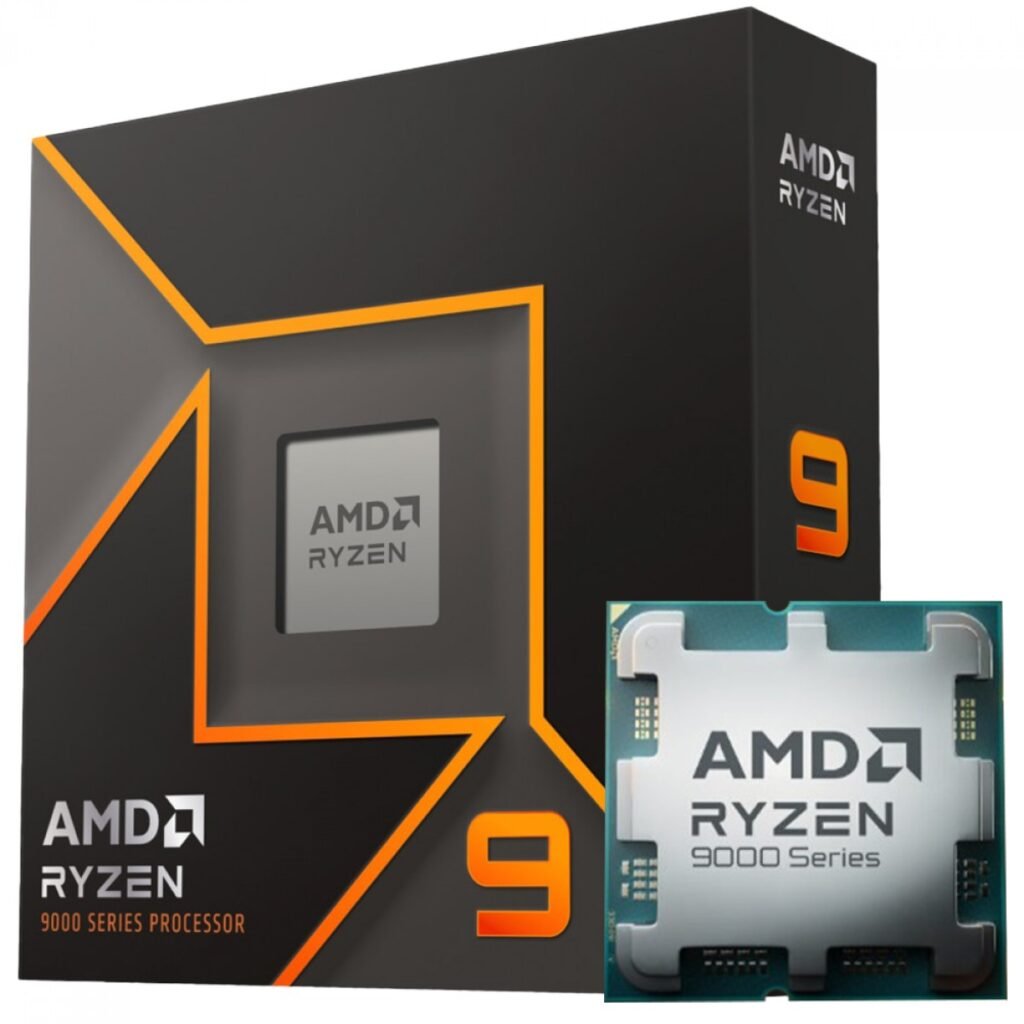 Caixa do processador AMD Ryzen 9 9950X3D, com tecnologia 3D V-Cache para desempenho máximo.