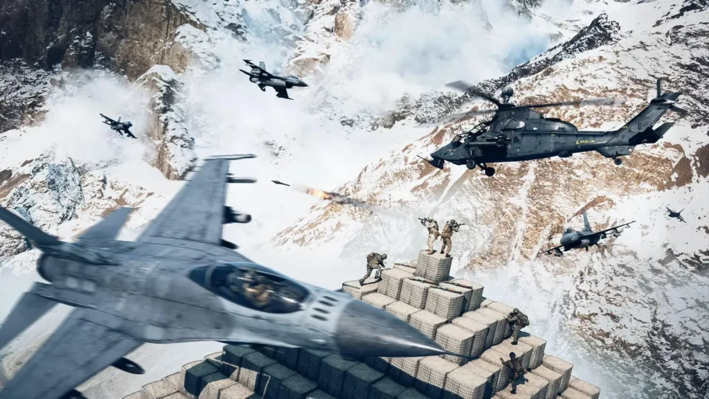 Caças e helicópteros em combate aéreo sobre cenário nevado em Battlefield 6