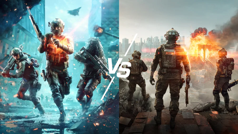Comparação entre Battlefield 2042 e Battlefield 6 mostrando soldados em cenários de guerra distintos