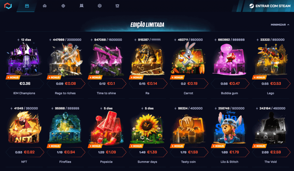 Cases digitais pagos com recompensas aleatórias, exemplo de loot boxes discutidos na PL da Adultização.