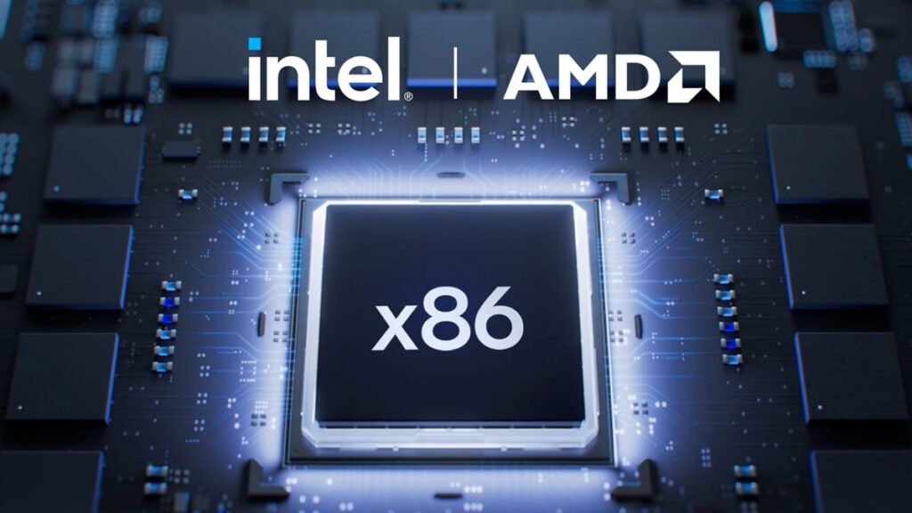 Logotipos da AMD e Intel lado a lado, representando a comparação entre processadores em 2025.