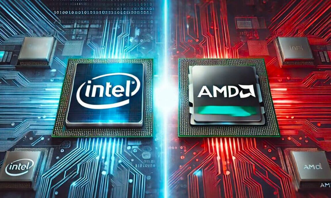 Processadores Intel e AMD lado a lado em comparação tecnológica de 2025.