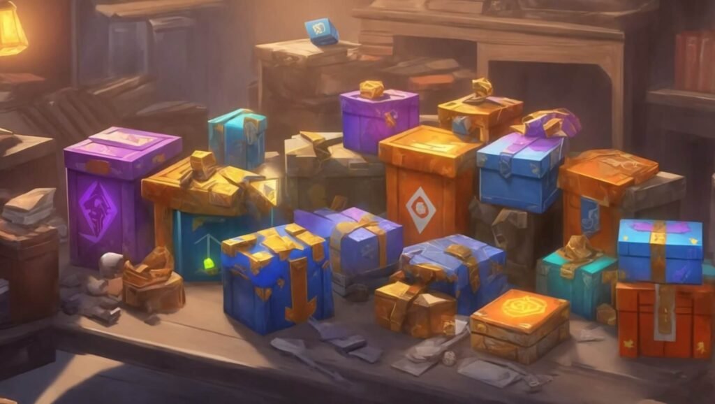 Ilustração de loot boxes coloridas em jogos digitais, prática polêmica ligada à PL da Adultização.