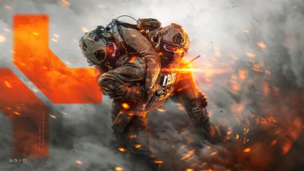 Soldado médico carregando companheiro ferido em meio a explosões no Battlefield 6