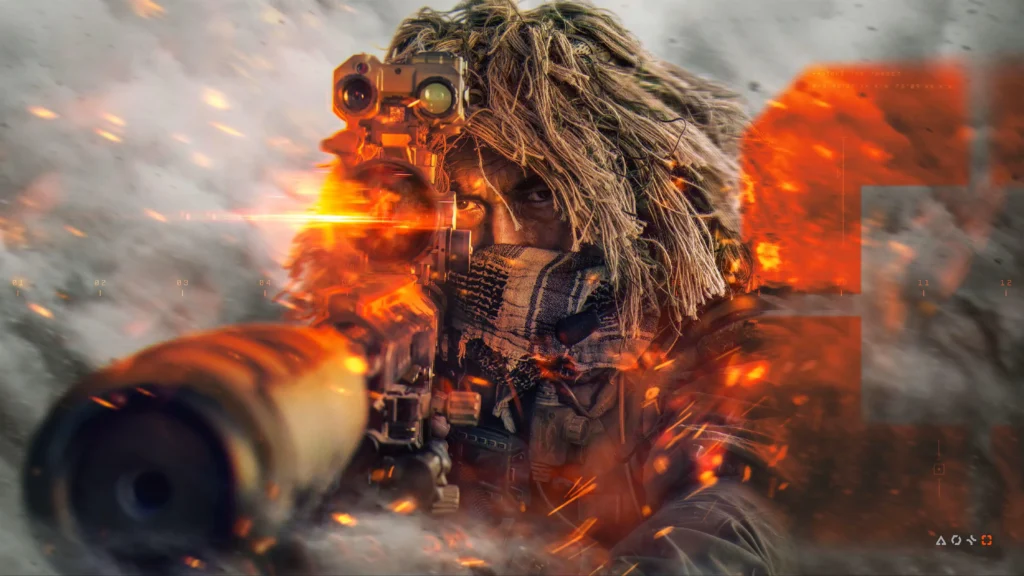 Atirador de elite camuflado mira com rifle de precisão em Battlefield 6