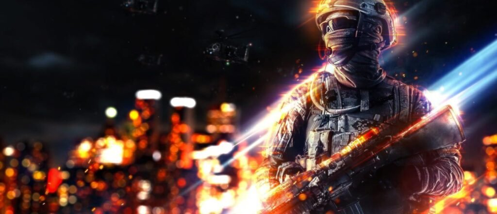 Soldado armado diante de cidade iluminada à noite com explosões no Battlefield 6