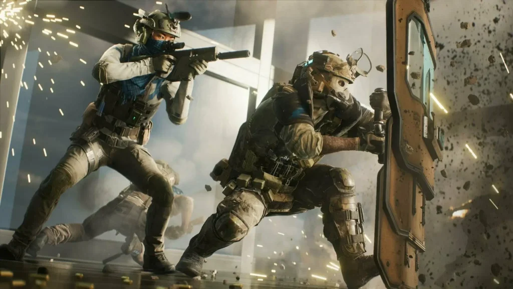 Soldados usando escudo balístico e rifles em tiroteio no Battlefield 6