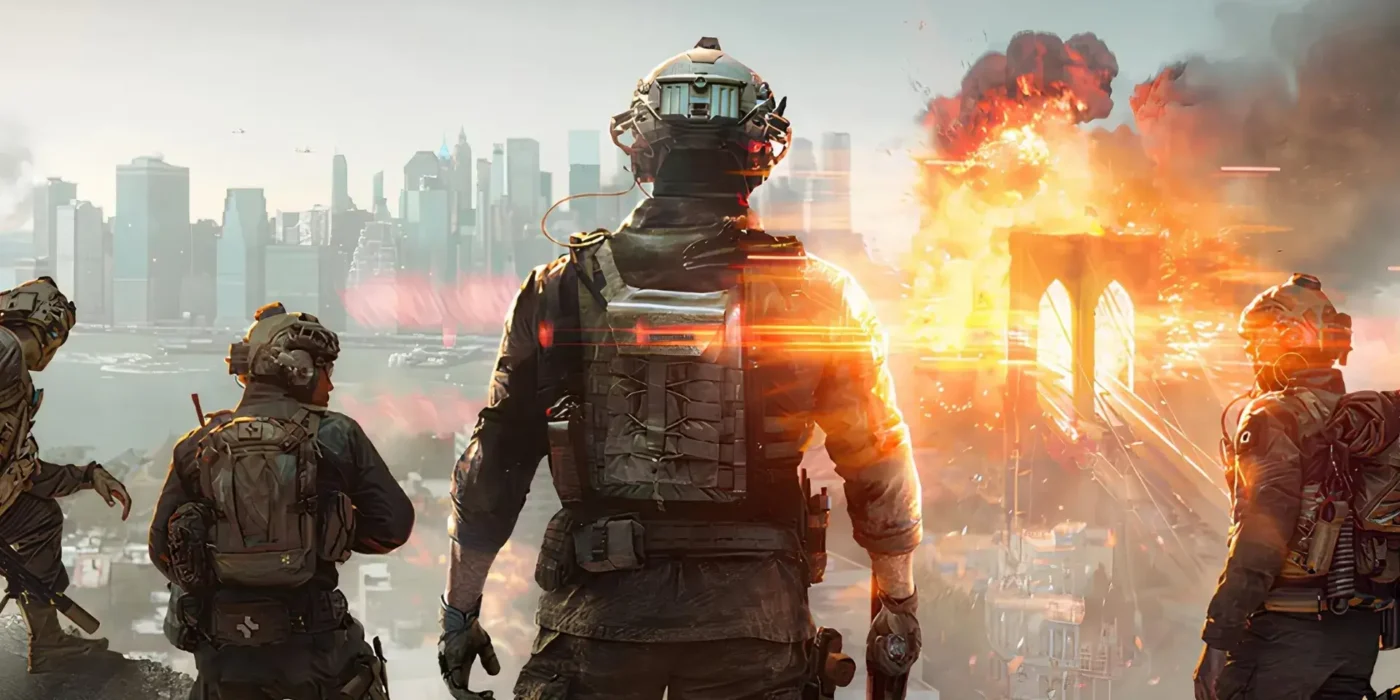 Soldados futuristas observam cidade em chamas no Battlefield 6