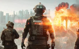 Soldados futuristas observam cidade em chamas no Battlefield 6