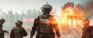 Soldados futuristas observam cidade em chamas no Battlefield 6