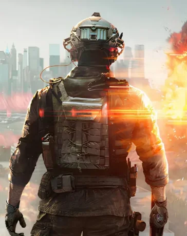 Soldados futuristas observam cidade em chamas no Battlefield 6