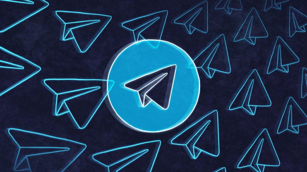 Ícone oficial do Telegram em azul neon sobre fundo escuro.