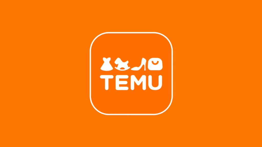 Logotipo oficial do Temu em branco sobre fundo laranja.