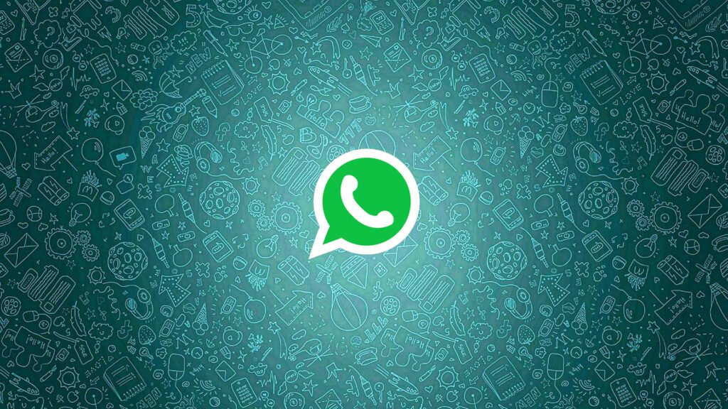 Ícone oficial do WhatsApp em verde sobre fundo ilustrado com símbolos de comunicação.