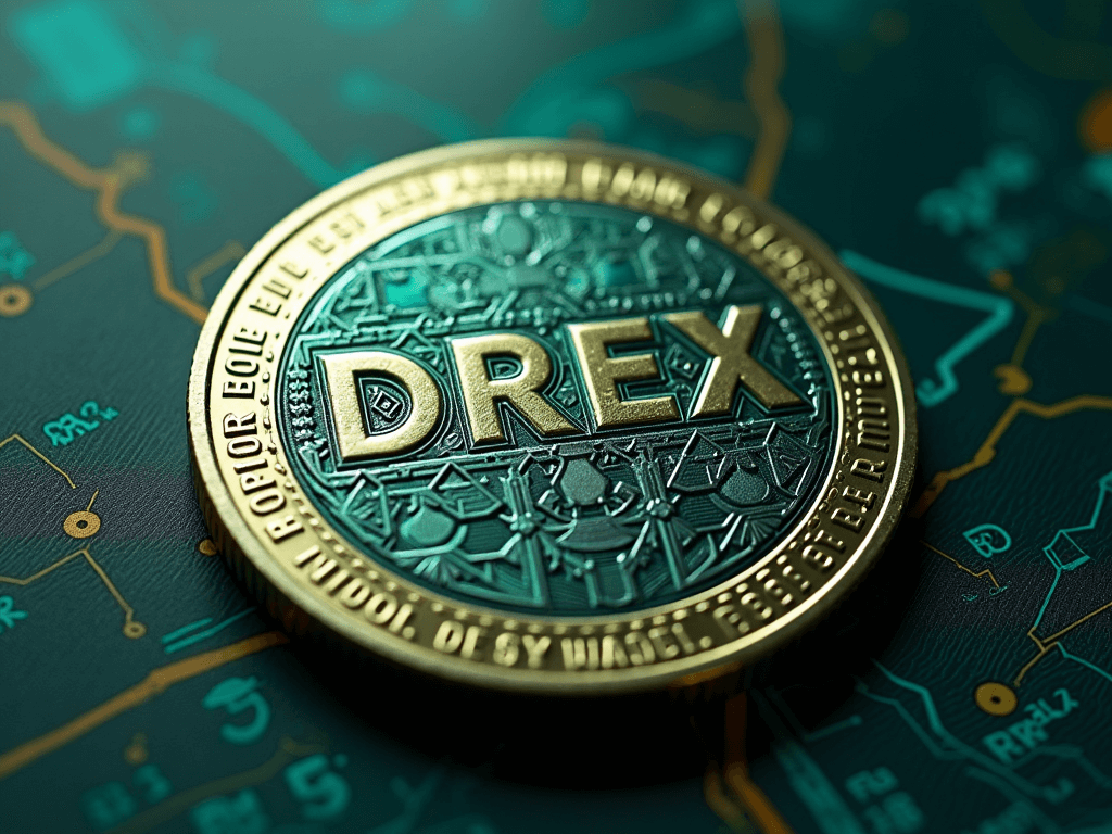 Representação gráfica de uma moeda dourada com a palavra DREX em destaque sobre circuito digital.