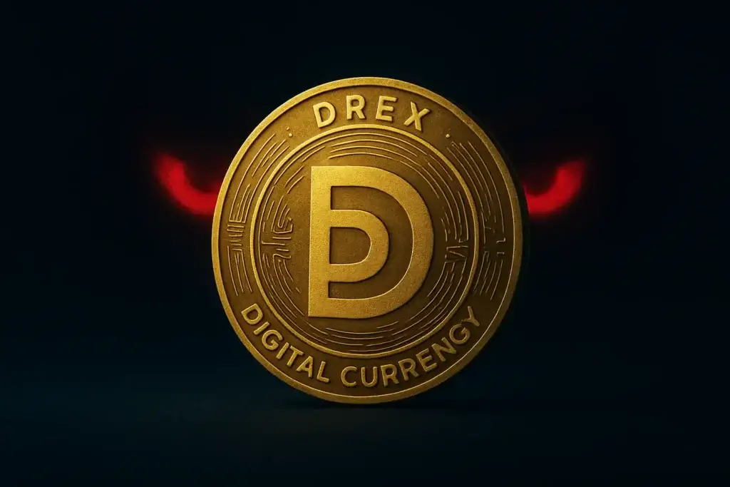 Moeda dourada com a inscrição DREX, acompanhada de olhos vermelhos em fundo escuro, simbolizando vigilância e controle.