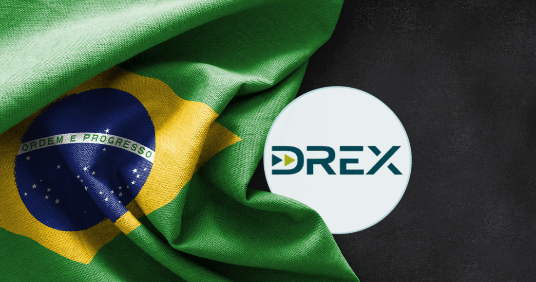 Bandeira do Brasil com destaque para o logotipo do DREX, moeda digital do Banco Central.