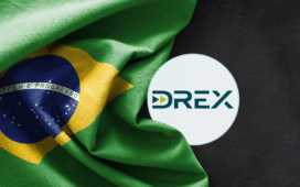 Bandeira do Brasil com destaque para o logotipo do DREX, moeda digital do Banco Central.