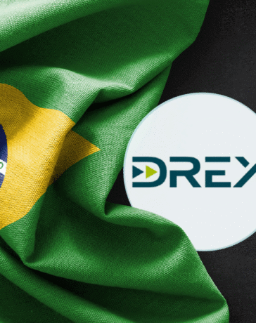 Bandeira do Brasil com destaque para o logotipo do DREX, moeda digital do Banco Central.