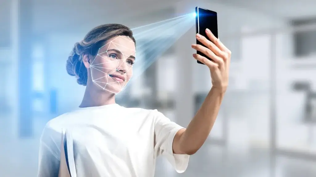 Mulher usando reconhecimento facial em smartphone para autenticação digital.